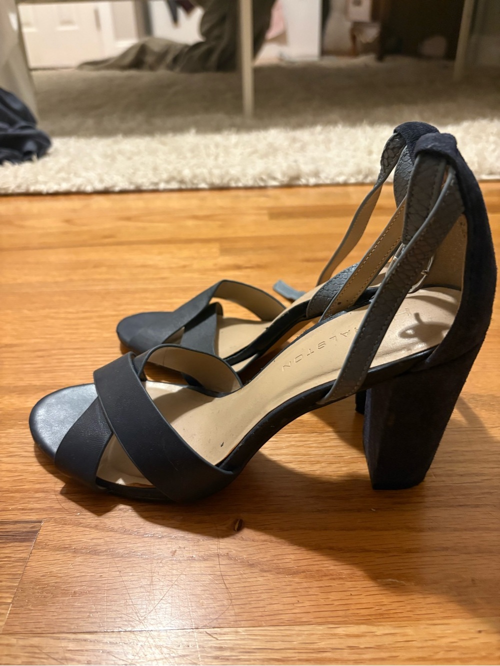 H by Halston Black Suede Block Heel Ankle-Strap Sandals